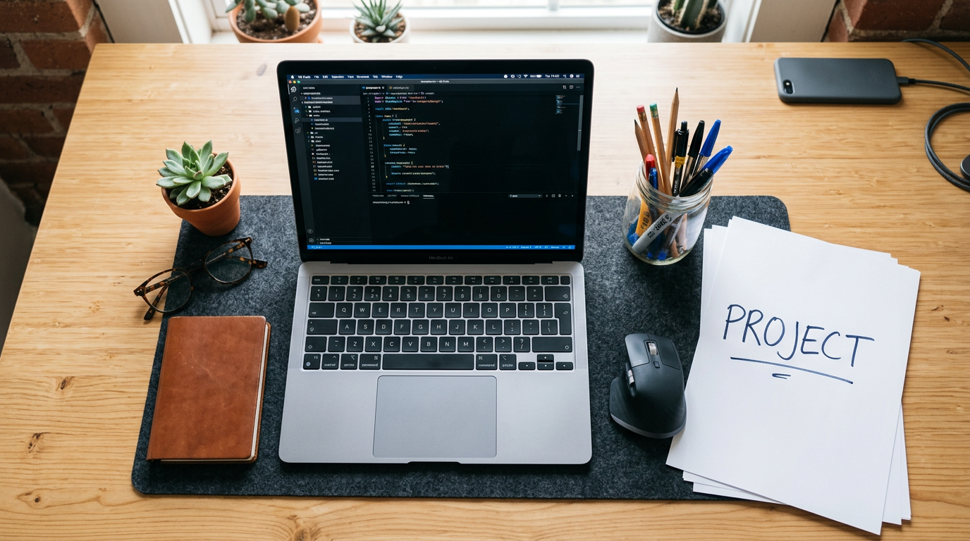 Laptop displaying code beside notebook, mouse, pens, plants, and PROJECT papers