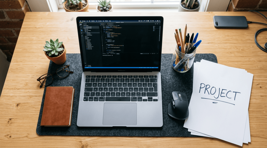 Laptop displaying code beside notebook, mouse, pens, plants, and PROJECT papers