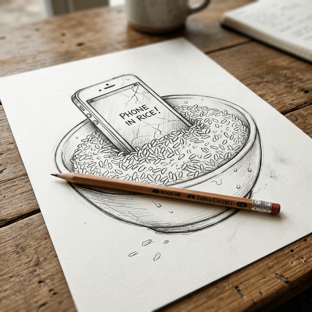 Sketch of a cracked phone labeled "PHONE IN RICE!" in a rice bowl