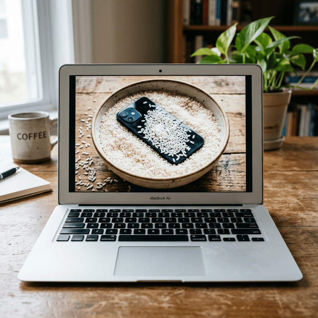 Laptop displaying a smartphone buried in a bowl of rice